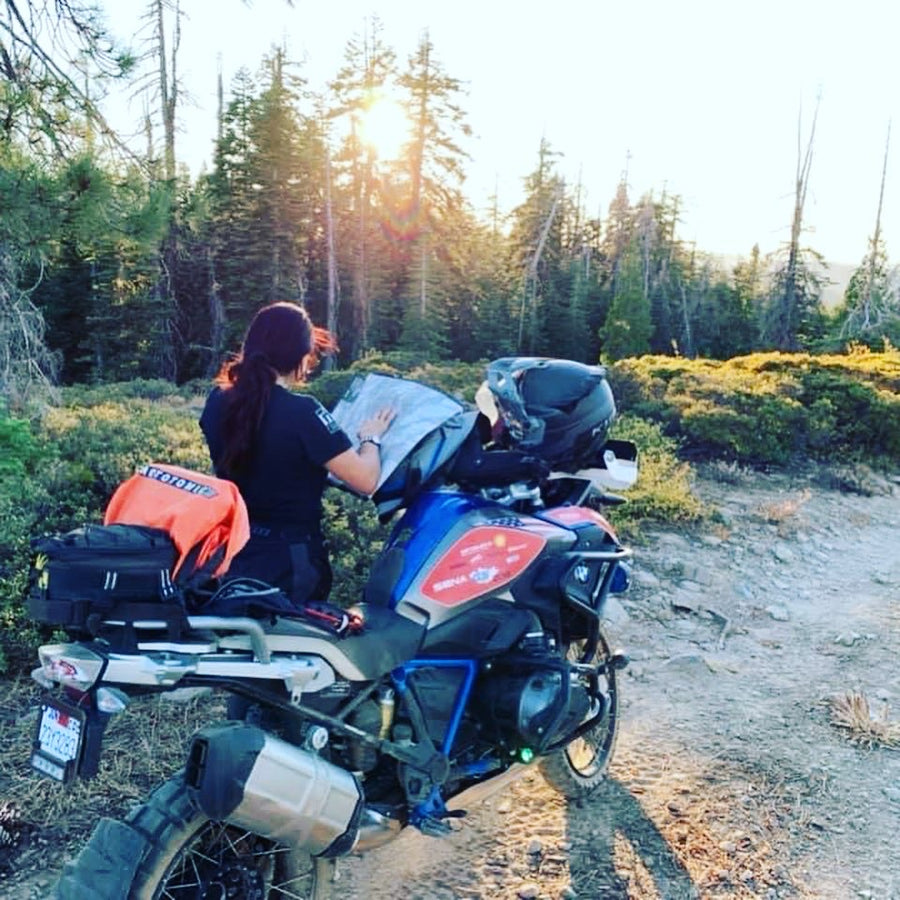 Our 10 Liter used for map storage  on the back of Jocelin's bike on the Rubicon Trail. 